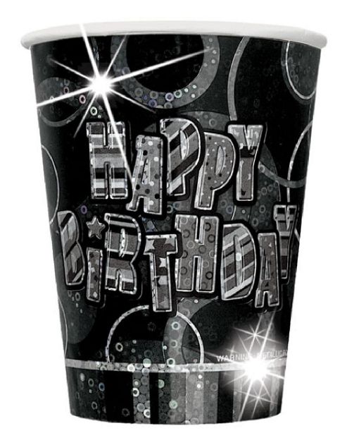Image of Happy Birthday Black Cups - 266ml Paper Party Cups, Pack Of 8