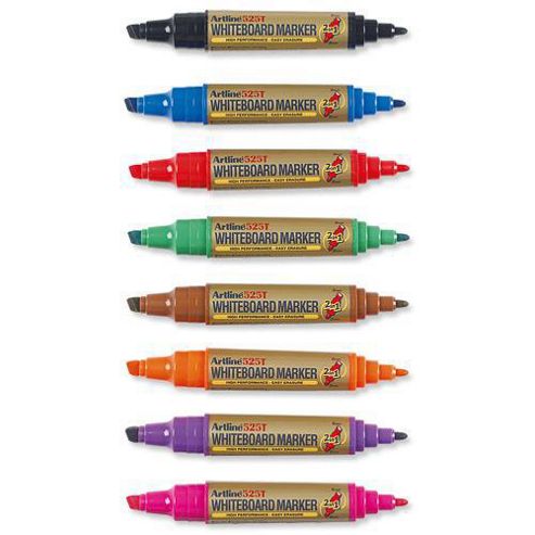 Image of Artline 2-in-1 Whiteboard Marker, Bullet Line 2.0mm, Chisel Line 3.0-5.0mm, Assorted - Pack Of 8
