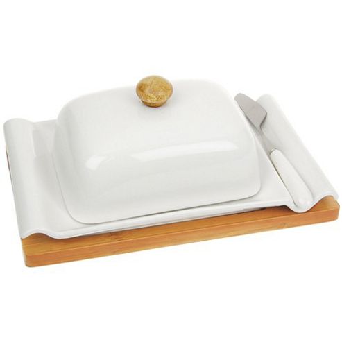 Image of Bamboo - Ceramic And Wood Butter Dish - Cream / Brown