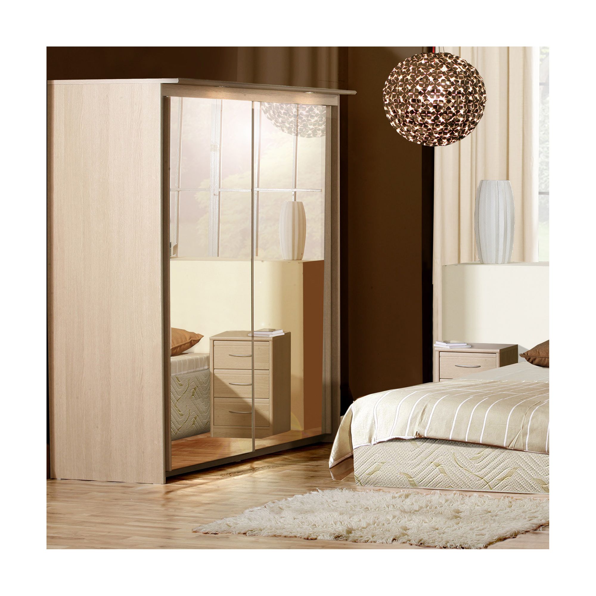 Forte Ruby Mirrored Slider Wardrobe with Lights - Oak at Tesco Direct