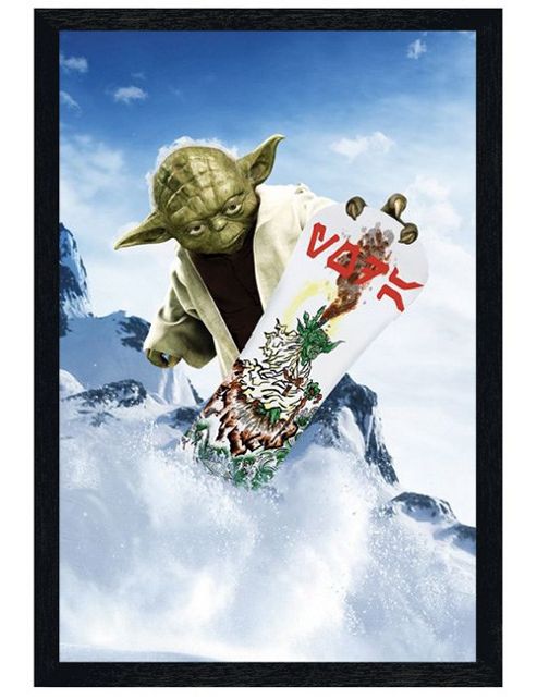 Image of Star Wars Black Wooden Framed Yoda Snowboarding Poster