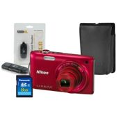 DS Nikon Coolpix S3300 Red Camera Kit inc Leather Case, 8GB SD & USB Card Reader