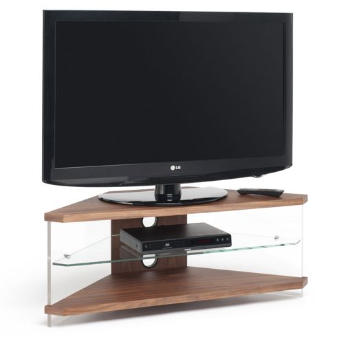 Image of Techlink Air Acrylic And Glass 46 Corner Tv Stand - Walnut