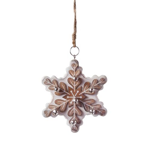 Image of Large Hanging White Wooden Snowflake Christmas Tree Decoration With Bells