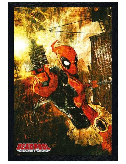 Image of Black Wooden Framed Marvel Comics Deadpool Gun Poster