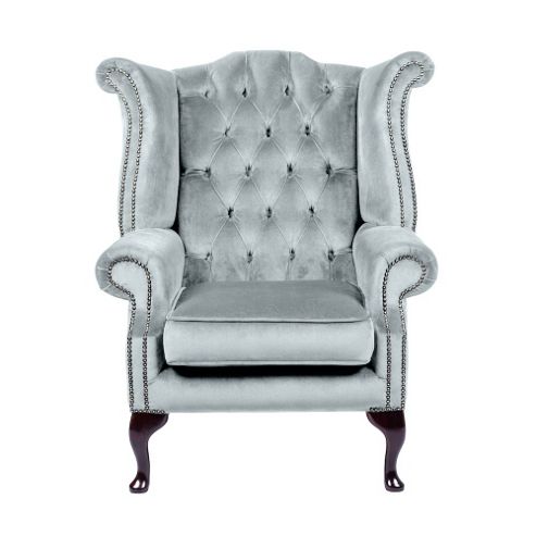 Image of Snug City Queenanne Chair Crushed Velvet Sky Chesterfield Sofa, Made In The Uk.