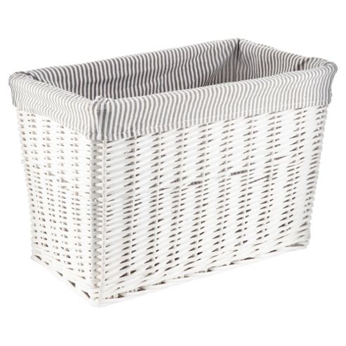 Image of Tesco Wicker Magazine Basket, Grey Stripe Fabric Lined, White