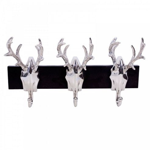 Image of Triple Aluminium Trophy Stag Head Coat Hook Home Storage