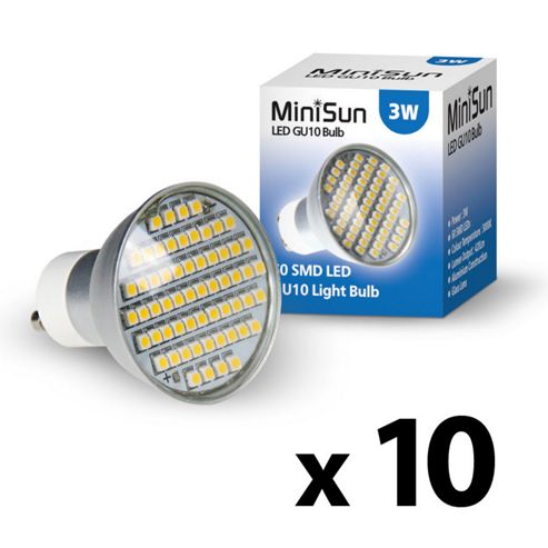Image of Pack Of 10 Minisun 3w 60 Smd Led Gu10 Light Bulbs Neutral To Warm White