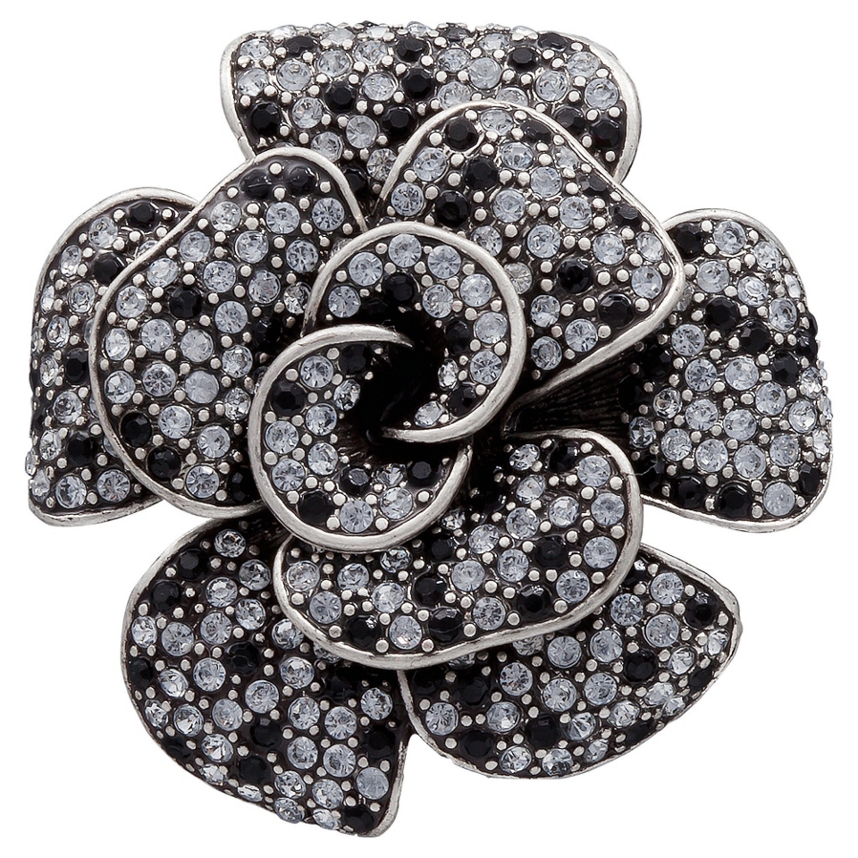 Pave Silver Tone Black And White Rose Brooch