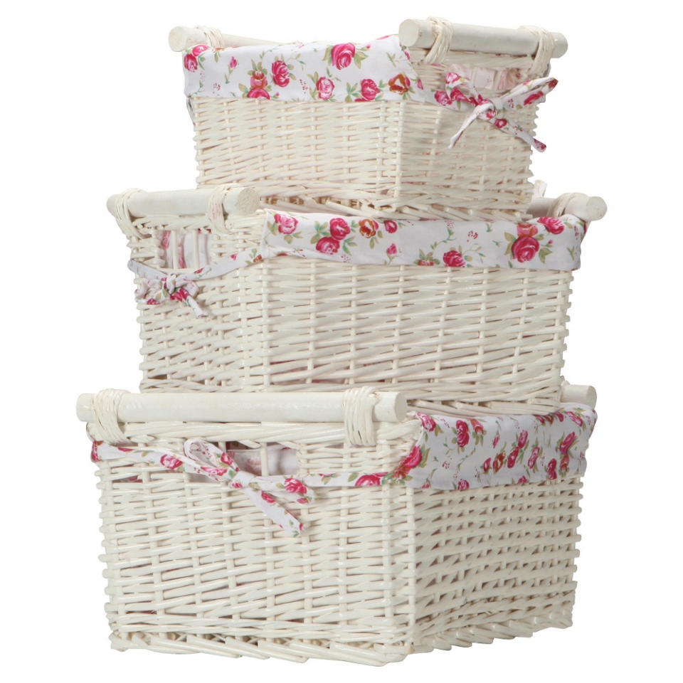 Buy White wicker set of 3 baskets with wooden handles and floral 
