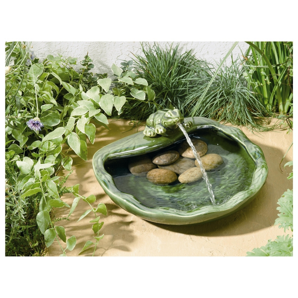 Solar Frog Fountain in Glazed Green Ceramic