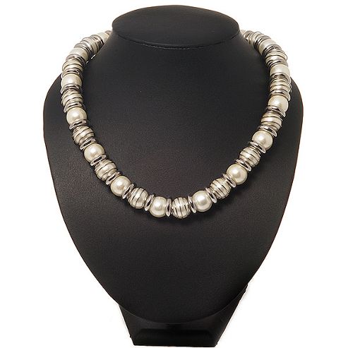 Buy Ivory Pearl Style Bead & Silvertone Metal Ring Stretch Choker ...