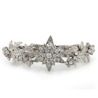 hair clip diamante barrette 85mm grip daisy tone across flower prom bridal silver tesco