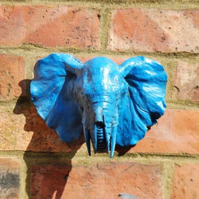 Buy Elephant Head Garden Wall Art In Blue Coloured Resin from our
