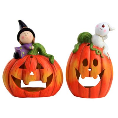 Buy Set Of 2 Ceramic Halloween Pumpkin Tea Light Lanterns With Ghost 