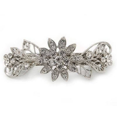 hair filigree diamante 85mm barrette grip leaves across flowers clip prom tone bridal silver tesco