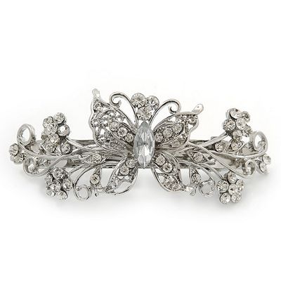 hair 90mm diamante barrette filigree grip tone butterfly across clip prom bridal silver tesco