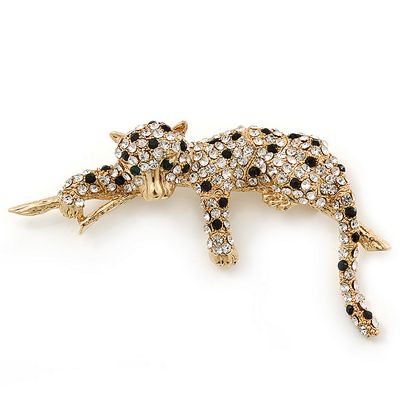 Buy Black/ Clear Swarovski Crystal 'Leopard' Brooch In Gold Plating ...