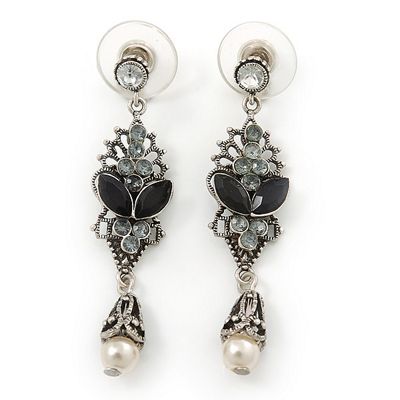 Buy Vintage Inspired Dim Grey, Black Crystal, White Pearl Filigree Drop ...