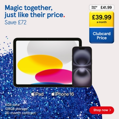 Save £72 on iPhone 16 with iPad Bundle with Clubcard Prices