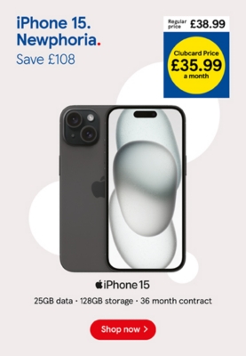 Save £108 on the Apple iPhone 15 with Clubcard Prices