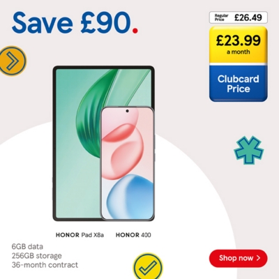 Save £90 on HONOR 400 with HONOR PAD X8a with Clubcard Prices