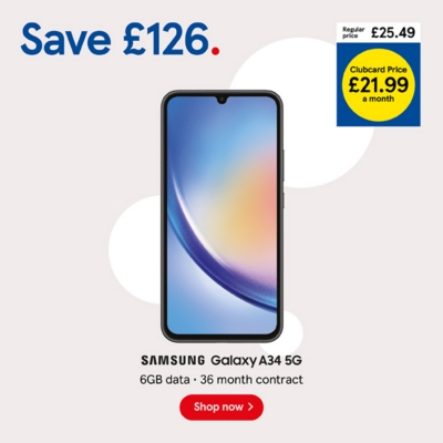 Save £126 on Samsung Galaxy A34 5G with Clubcard Prices 