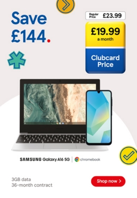 Save £144 on Samsung Galaxy A16 with Chromebook Go with Clubcard Prices