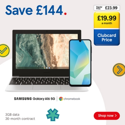 Save £144 on Samsung Galaxy A16 with Chromebook Go with Clubcard Prices