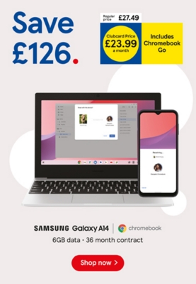 Save £126 on Samsung A14 with Chromebook Go with Clubcard prices 