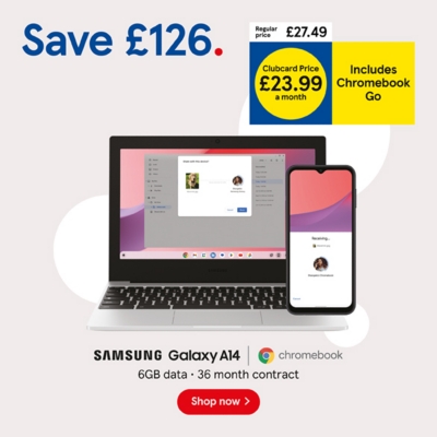 Save £126 on Samsung A14 with Chromebook Go with Clubcard prices 