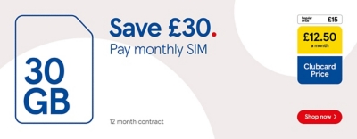 Save £30 on our 30GB SIM only contract with Clubcard Prices