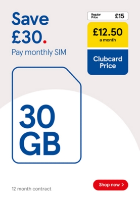 Save £30 on our 30GB SIM only contract with Clubcard Prices