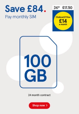 100GB Pay monthly SIM, save £84 with Clubcard prices
