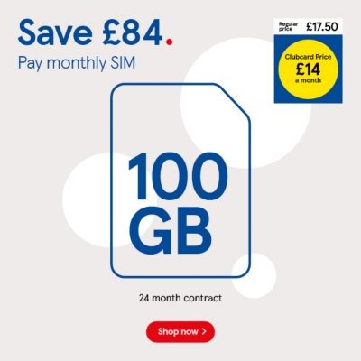 100GB Pay monthly SIM, save £84 with Clubcard prices 