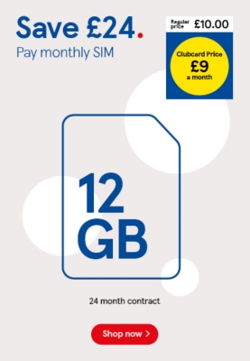 12GB Pay monthly SIM, save £24 with Clubcard prices