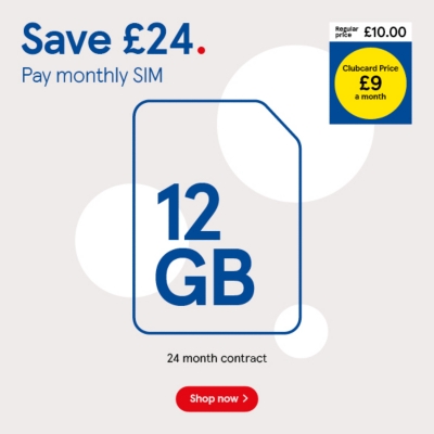 12GB Pay monthly SIM, save £24 with Clubcard prices 