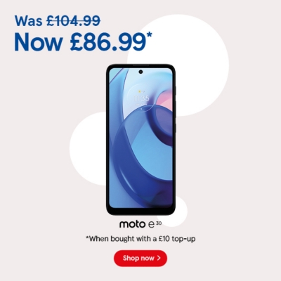 Pay as you go Moto e30, £86.99 when bought with to £10 top up