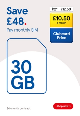 Save £48 on 30GB pay monthly SIM with Clubcard prices