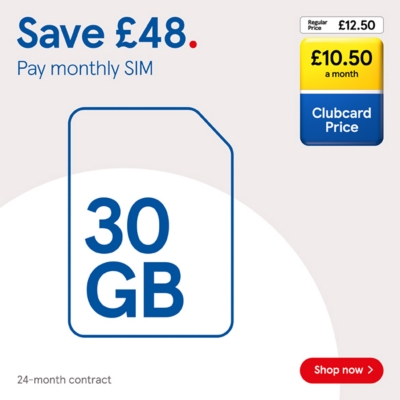 Save £48 on 30GB pay monthly SIM with Clubcard prices