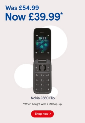 Buy Pay as you go Nokia 2660 Flip for £39.99 when bought with to £10 top up