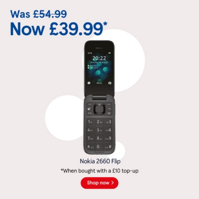 Buy Pay as you go Nokia 2660 Flip for £39.99 when bought with to £10 top up