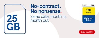 No-contract SIM, get 25GB of data for £10 a month, for three months with Clubcard Prices