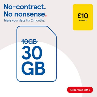 No contract SIM, get triple data for 2 months on £10 rocket pack.