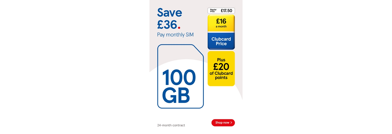 Save £36 on 100GB data with Clubcard prices