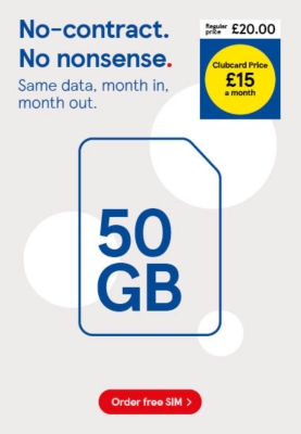 50GB Pay as you go SIM, £15 with Clubcard prices 