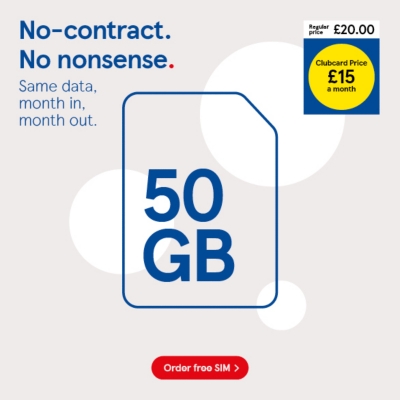 50GB Pay as you go SIM, £15 with Clubcard prices