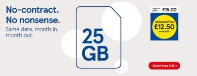 No-contract SIM, Get 25GB data for £12.50 with Clubcard prices 