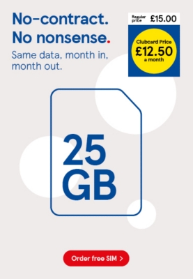 No-contract SIM, Get 25GB data for £12.50 with Clubcard prices 